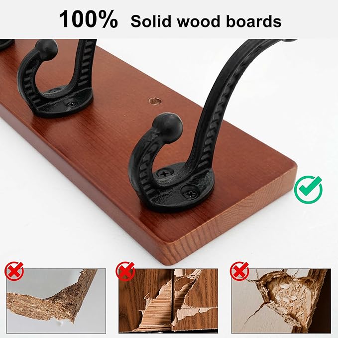 WEBI Rustic Coat Rack Wall Mount,5 Cast Iron Coat Hooks Wall Mounted,Heavy Duty Wood Wall Coat Hanger Hooks for Hanging Coats,Jacket,Clothes,Backpack,Farmhouse,Cherry,2 Packs