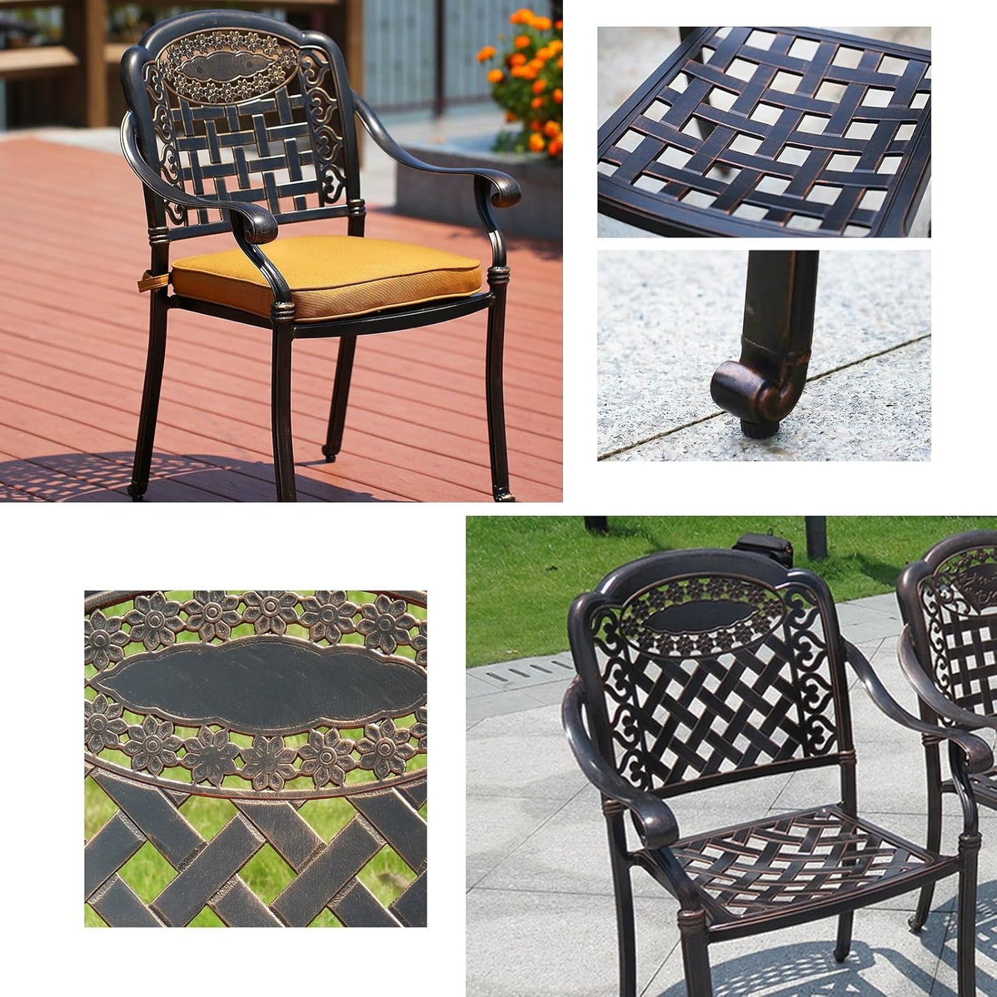 Outdoor Dining Chair Cast Aluminum Patio Chairs Set of 2 All-Weather Patio Dining Chair with Adjustable Feet for Backyard Garden (Slanted Grid Round Chair)