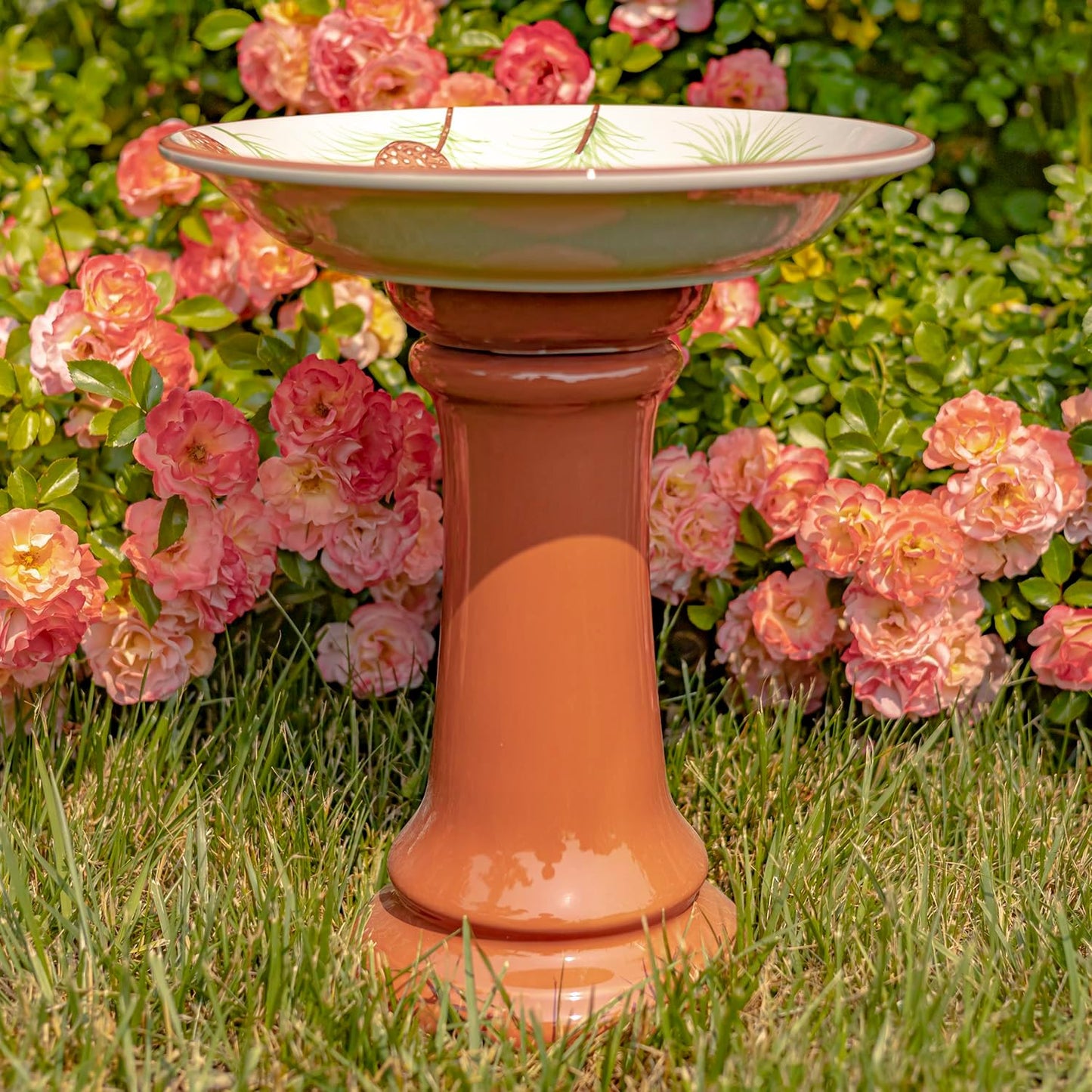 Zaer Ltd. Porcelain Birdbath with Hand Painted Details (15" Tall, Finch Birds & Pine Tree)