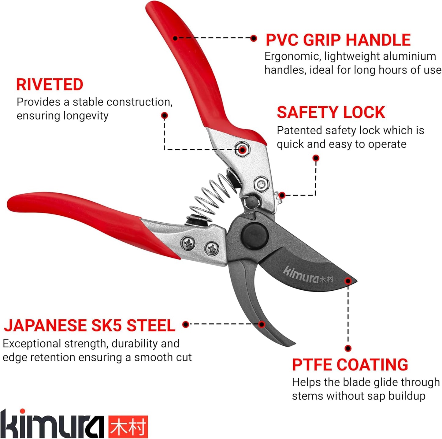 Kimura® 8" Pro Bypass Pruning Shears, Heavy Duty Japanese SK5 Steel Blades, 1 inch Cut Capacity, Non-Slip PVC Coated Handles, Lightweight & Ergonomic, Japanese Pruners, Professional Garden Clippers