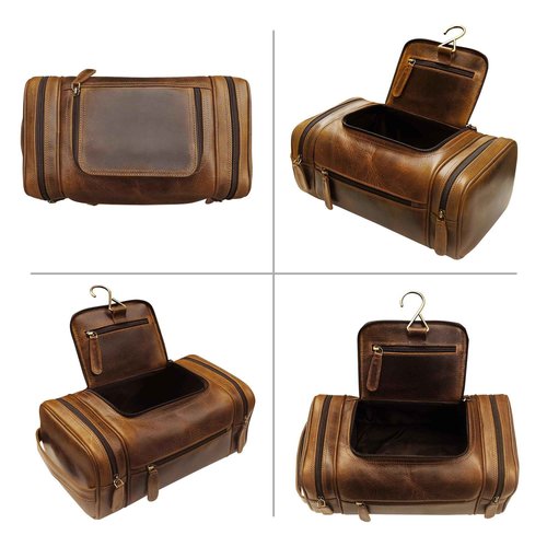 ELIZO Genuine Leather Toiletry Bag for Men Mens Toiletry Bags for Traveling Waterproof Hanging Leather Dopp Kit w/Hook Extra largeToiletry Bag Travel Organizer for Toiletries