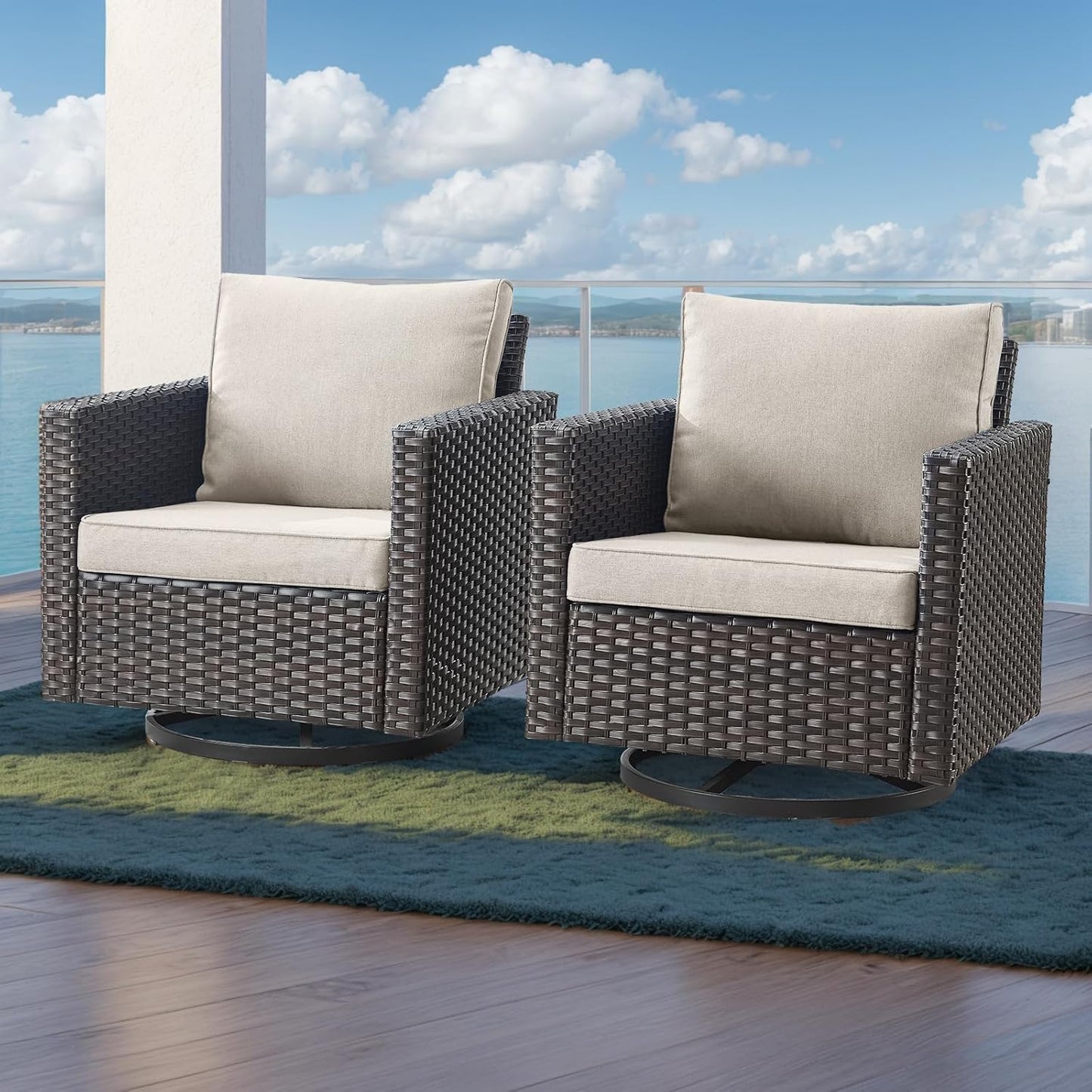 HUMMUH 3-Piece Patio Swivel Chairs,PE Wicker Outdoor Rocking Chairs Bistro Set with Side Table Porch Balcony Furniture with Cushions