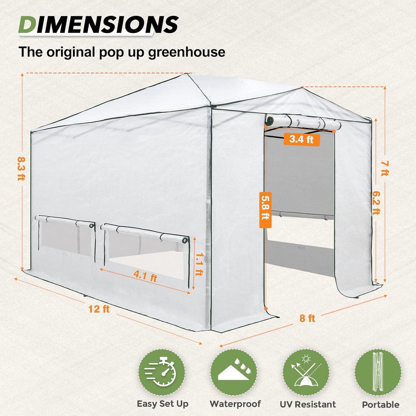 EAGLE PEAK Instant Pop-up Greenhouse, Indoor Outdoor Plant Gardening Green House, Roll-Up Zipper Doors and Side Windows, Heavy Duty Walk in 12x8 ft, Woven PE Cover, White