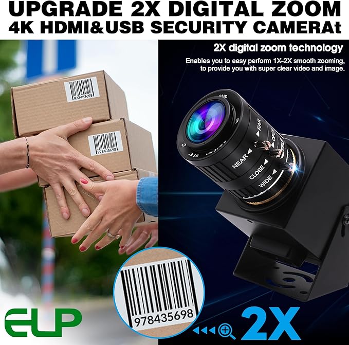 ELP 4K USB HDMI Camera Manual Zoom Webcam Variable Focus PC Camera Mini Close-up Camera for Computer H.264 Telescope USB Security Camera 8mp IMX415 Industrial CCTV Camera (3.6-10mm 3X Zoom Lens)