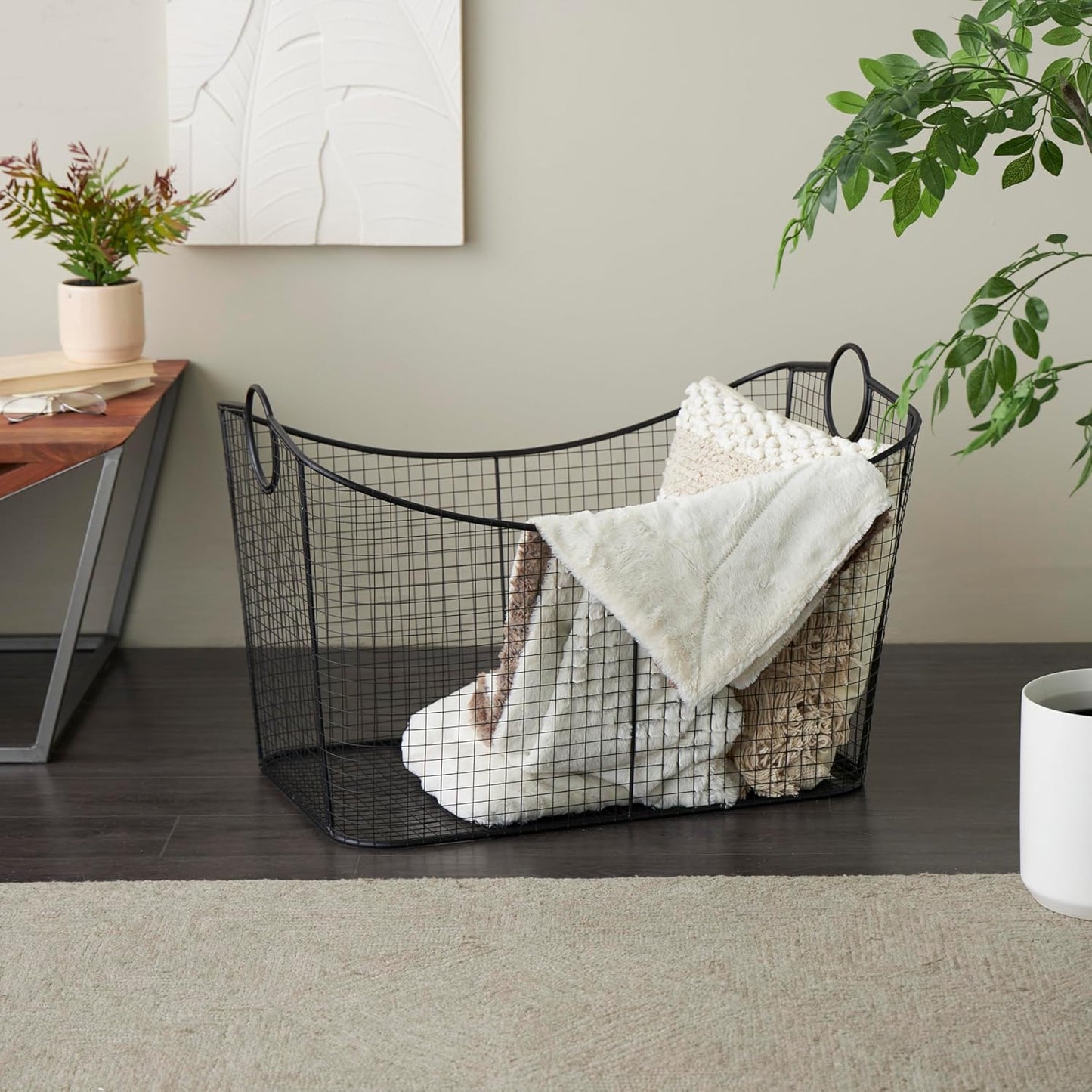 Deco 79 Metal Large Open Frame Wire Grid Storage Basket with Curved Sides and Ring Handles, 30" x 20" x 20", Black