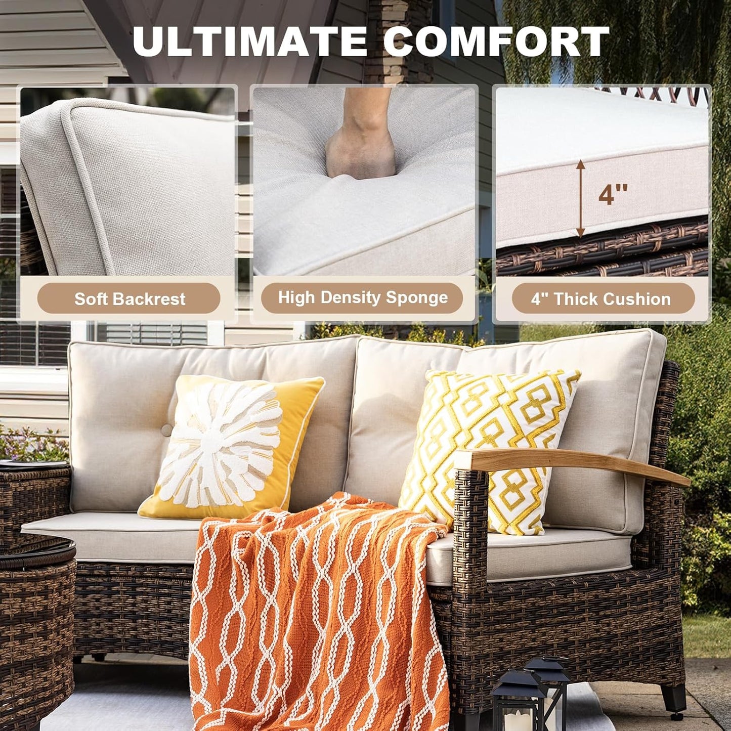 8 Piece Outdoor Patio Furniture Set, Half-Moon Curved Sectional Set with Wood Armrests, Patio Conversation Set, 2 Half-Moon Ottomans，Coffee & Side Tables (Brown)