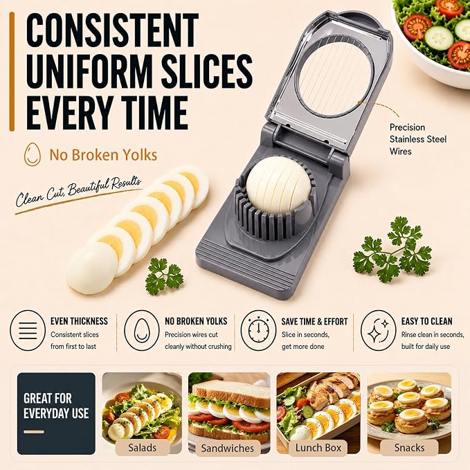 FANTEXY Egg Slicer for Hard Boiled Eggs,Hard Boiled Egg Slicer With Stainless Steel Wires,Eggs Cutter,Fruit Cutter for Strawberries,Kiwis and Grapes,Soft Cheese,Easy to Clean and Store(Gray)