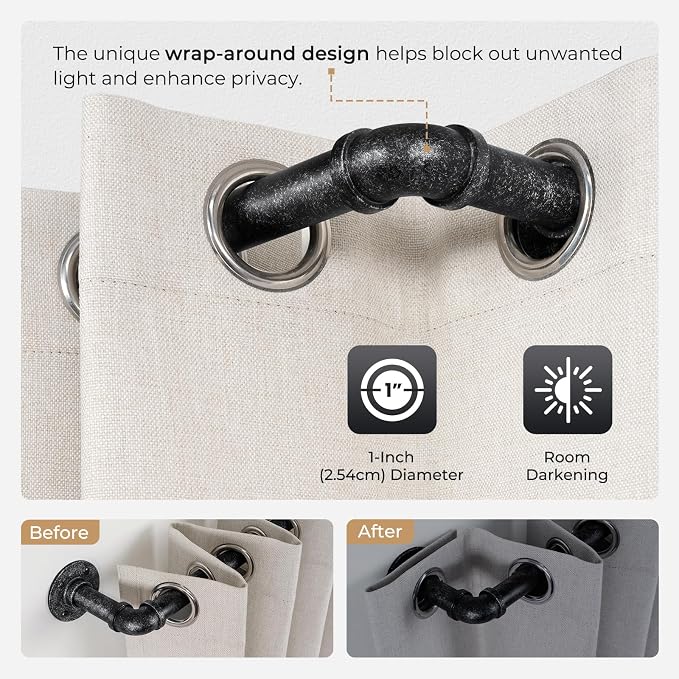 Zeerobee Curtain Rods for Windows 72 to 144, 1 Inch Industrial Wrap Around Vintage Black Curtain Rod, Indoor/Outdoor Room Divider Adjustable Drapery Pole, 72"-144"