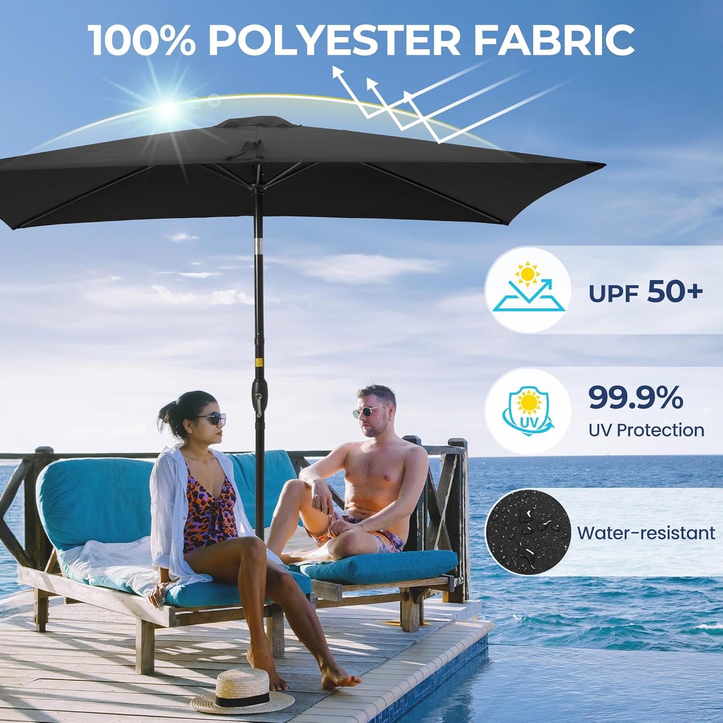 SUNVIVI OUTDOOR Patio Umbrella, 6.5' x 10' Rectangular Patio Umbrella, Metal Pole Square Outdoor Umbrella with Crank and Push Button Tilt, 6 Steel Ribs, Polyester Canopy
