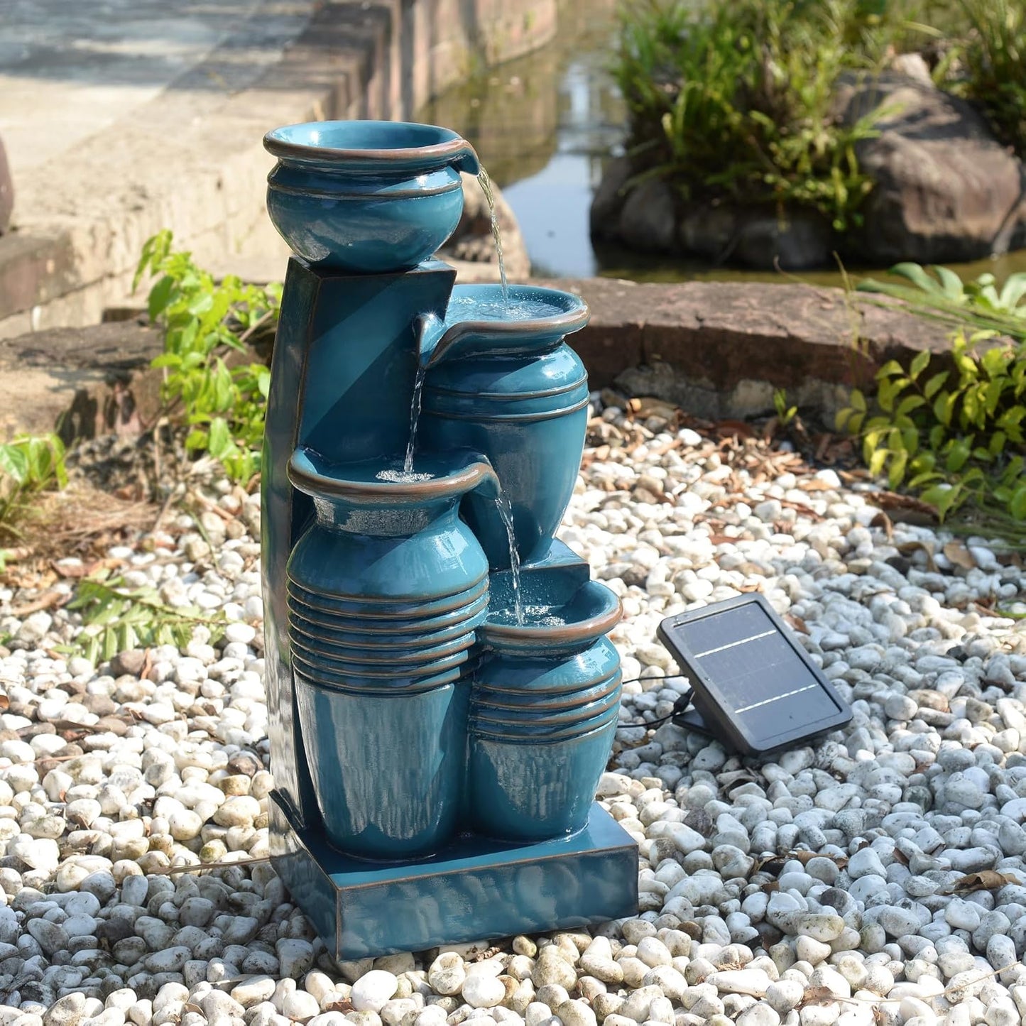 Teamson Home 28.74 in. 4-Tier Cascading Bowl Solar-Powered Water Fountain with LED Lights for Gardens, Landscaping, Patios, Balconies, Lawns, Blue