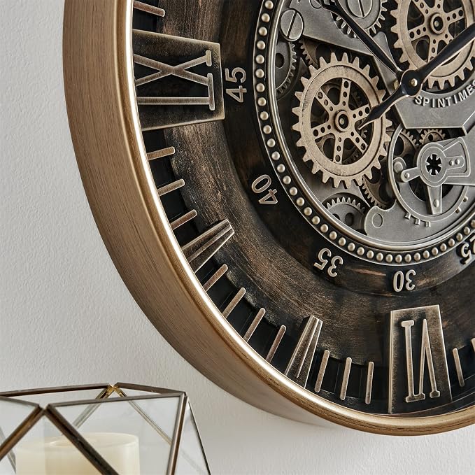 CLXEAST 24 Inch Large Moving Gear Wall Clock for Farmhouse Living Room Decor,Vintage Industrial Bronze Gold Metal Wall Clock for Home Office,House Warming Gifts New Home