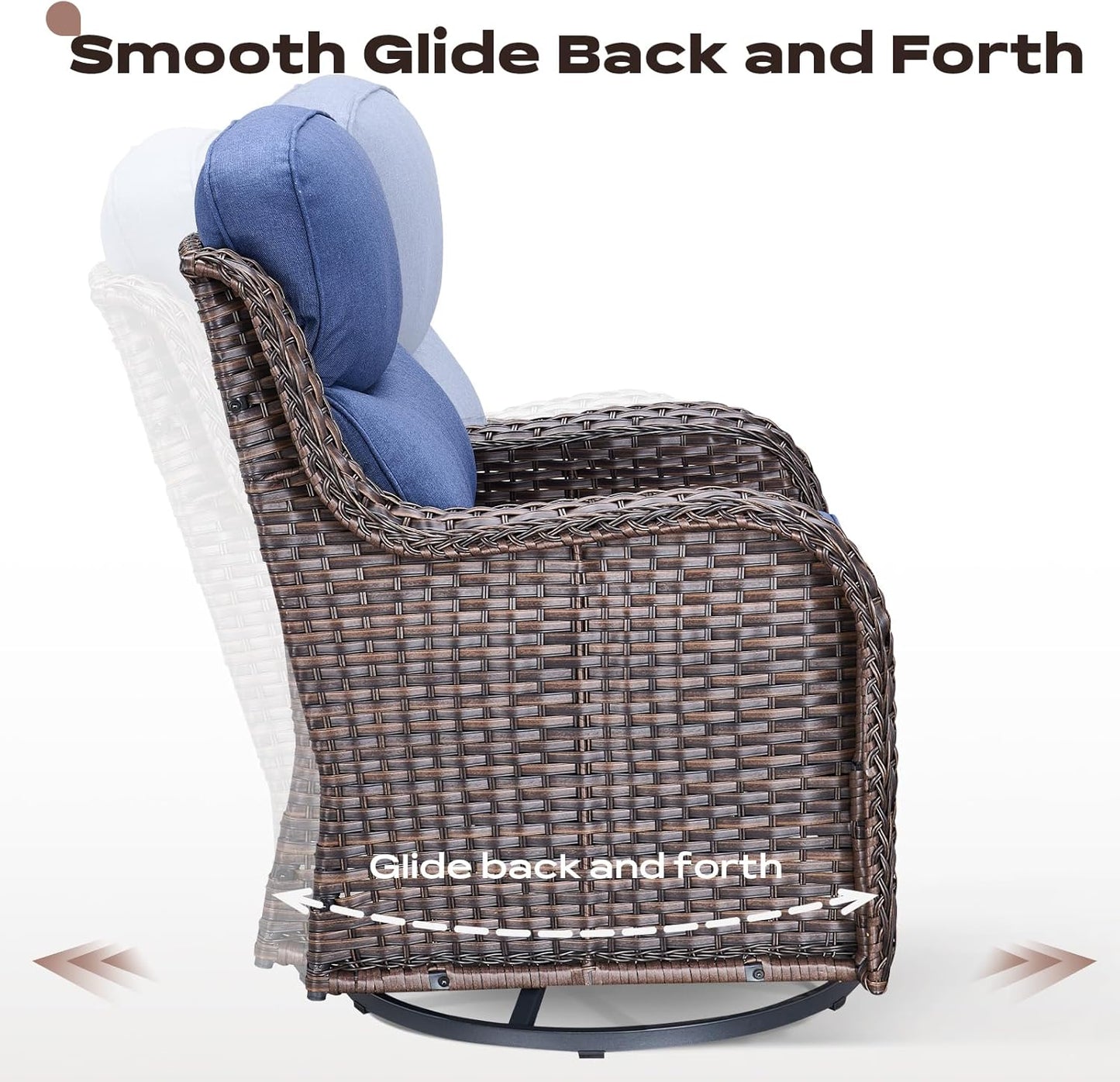 Wicker Outdoor Patio Furniture Set - 5 Piece Patio Conversation Sets with Swivel Rocker Chairs, Ottomans and Side Table, 6 inch Cushions, Waterproof Wicker, for Porch Deck Brown/Blue