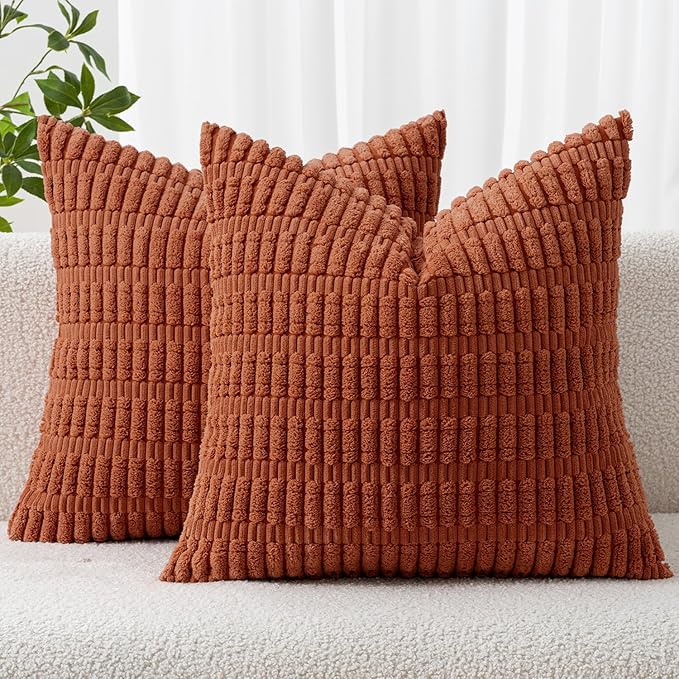 MIULEE Pack of 2 Rust Corduroy Decorative Pillow Covers 12x12 Inch Soft Boho Striped Throw Pillow Covers Modern Farmhouse Home Decor for Summer Sofa Living Room Couch Bed