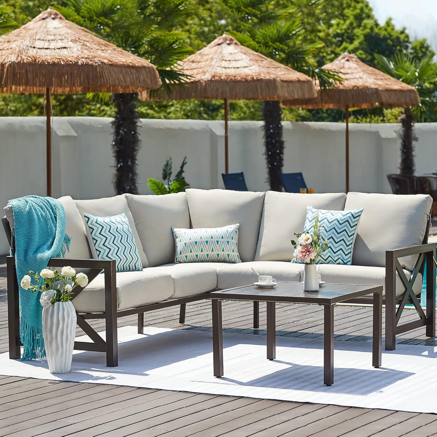 NATURAL EXPRESSIONS 6 Pieces Patio Furniture Sets, Metal Outdoor Sectional Furniture L Shape Patio Conversation Sets,Highback Frame,Metal Table,Large Waterproof Cover, 6.5" Olefin Cushions