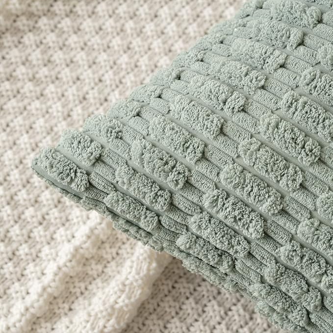 MIULEE Pack of 2 Spring Corduroy Decorative Euro Sham Throw Pillow Covers 22x22 Inch Soft Boho Striped Pillow Covers Modern Farmhouse Home Decor for Summer Sofa Living Room Couch Bed Greyish Green