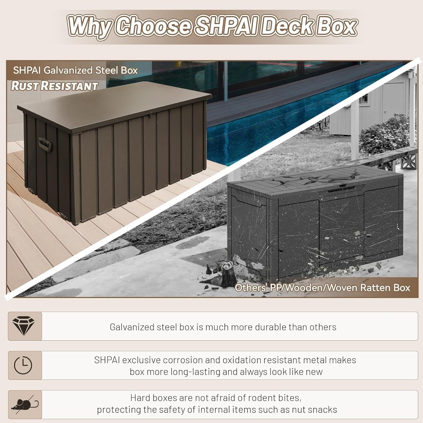 200 Gallon Deck Box, Outdoor Metal Storage Box Waterproof, Large Patio Furniture Storage Cabinet, Lockable Storage Chest for Porch, Pillows, Cushions, Pool, Tools, Backyard -Brown