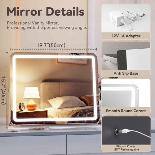 MINISO Vanity Mirror with Lights, 20" x 16" LED Makeup Mirror, Light & Brightness Adjustment, Smart Sensor, 360°Rotation, Aluminum Alloy Metal White Frame, with 10X Magnifying Glass