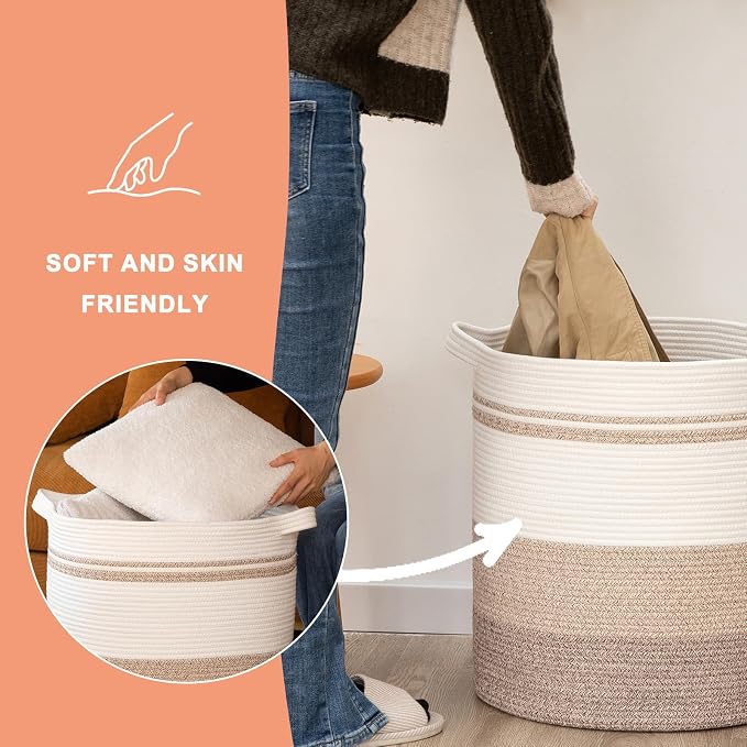 OIAHOMY 80L Laundry Baskets Hamper with Handles,Decorative Basket for Living room,Woven Storage Basket for Toys Bin,Pillows, Blankets,Clothes-20x18in-Gradient Yellow