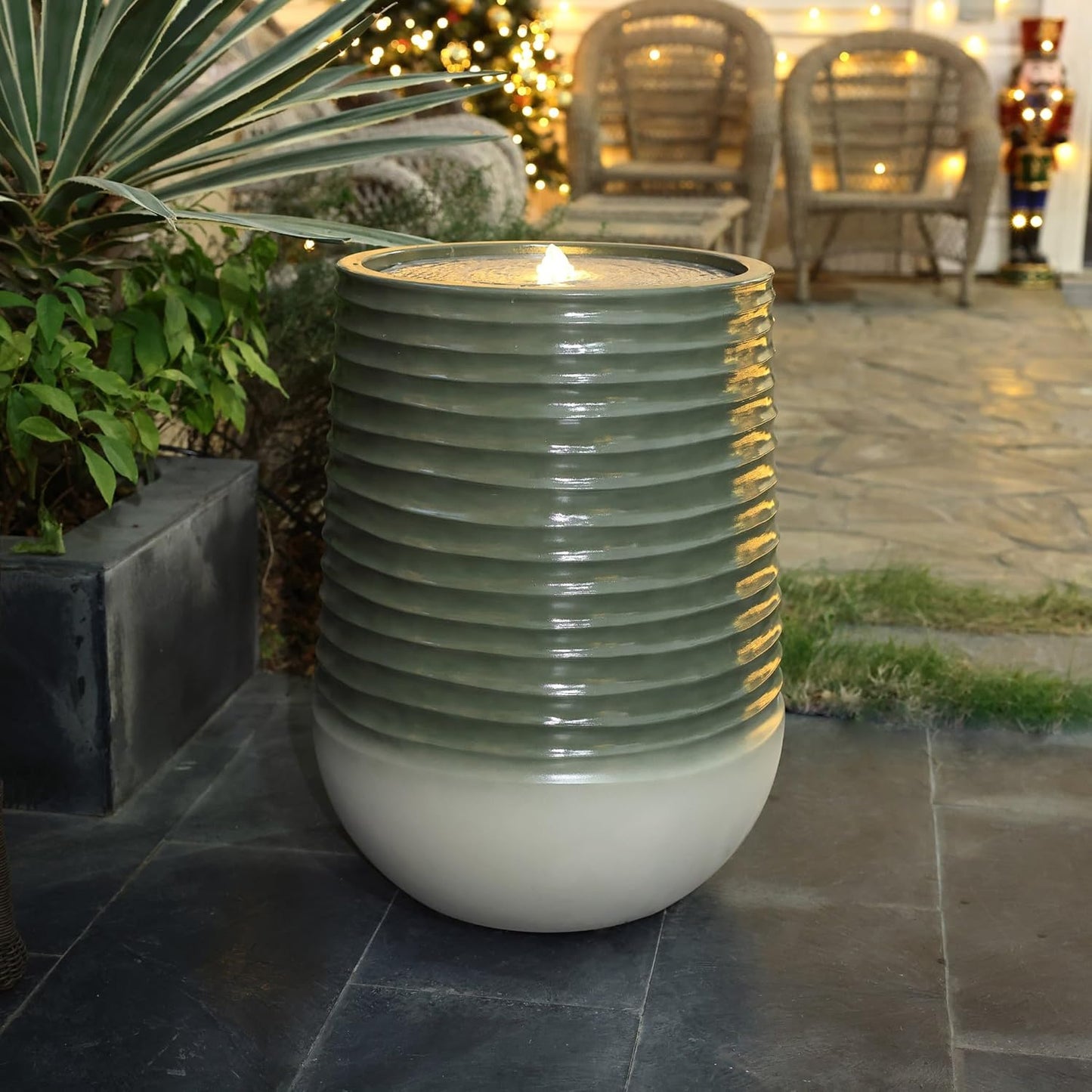 LuxenHome 28" Water Fountain Outdoor with LED Light, Modern Bubbling Garden Water Fountains with Gradient Color, Resin Outdoor Waterfall Fountains with Ceramic Like Glaze for Yard, Patio, and Porch