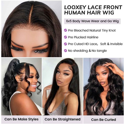 Looxey 6x5 Lace Front Wig Human Hair Wig for Women 210% Density Body Wave Wear and Go Glueless Wigs Pre Plucked Pre Cut Lace Wigs Pre Bleached Tiny Knots Wig 24 Inch
