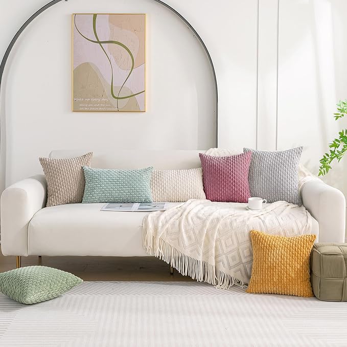 Set of 4 Pink Beige White Decorative Throw Pillow Covers 22x22 Inch Corduroy Pillow Covers for Bed Couch Sofa Living Room Soft Square Cushion Cases