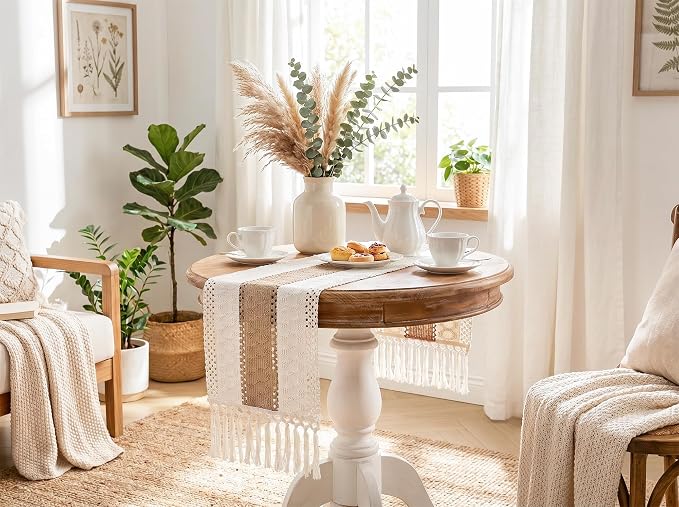 FEXIA Boho Table Runner for Summer Home Coffee Decor with Tassels 36 Inches Long Farmhouse Rustic Table Cloth Cream & Brown Macrame for Kitchen Dining Bedroom Decor Bridal Shower (12x36Inches)