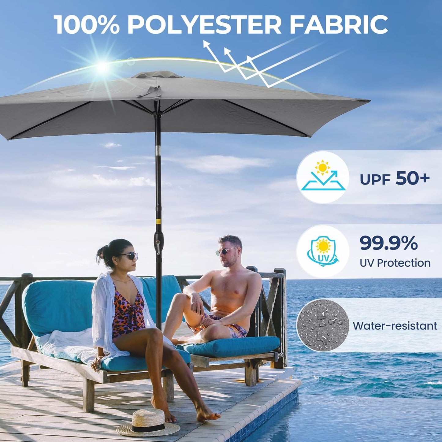 SUNVIVI OUTDOOR Patio Umbrella, 6.5' x 10' Rectangular Patio Umbrella, Metal Pole Square Outdoor Umbrella with Crank and Push Button Tilt, 6 Steel Ribs, Polyester Canopy