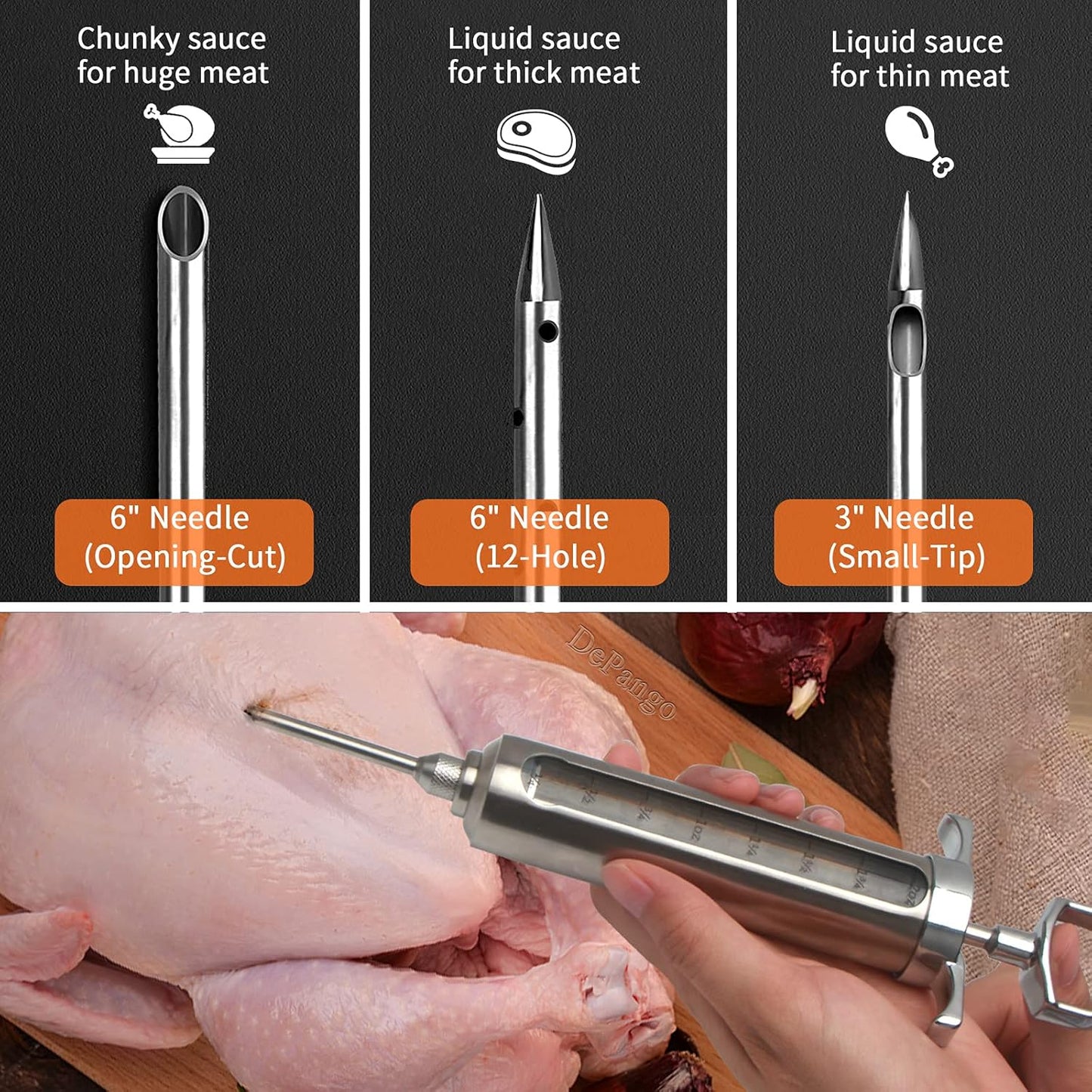 Meat Injector, Stainless Steel Marinade Injector Flavor Syringe Kit with 2-oz Measurement Window for Smoker Food BBQ Grill, Cooking Turkey Chicken Steak Beef Brisket Pork-Chops, 3 Meat Needles