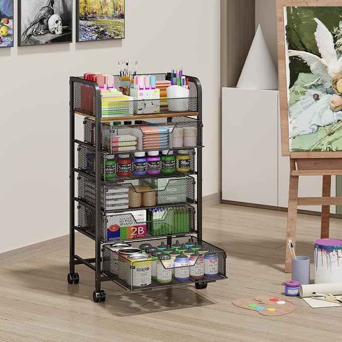 Yociyoga 6-Tier Craft Cart with Wheels-Rolling Storage Cart with Drawers,Rolling Utility Cart with DIY Divider,Art Supply Organizer Cart,Rolling Cart with Drawers,Craft Organizers and Storage,Black