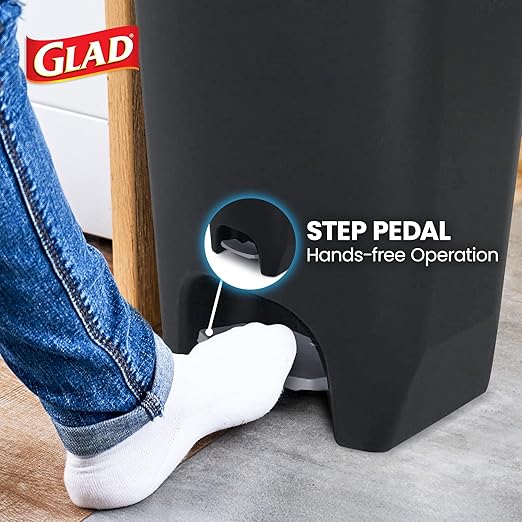 Glad Kitchen Trash Can with Lid, Foot Pedal and Garbage Bag Rings, 13 Gal, Black