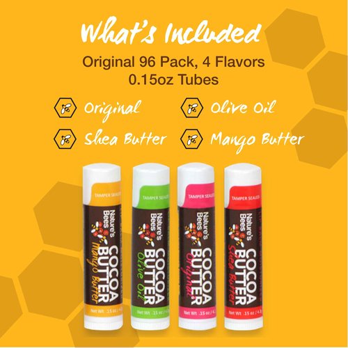 Nature's Bees Cocoa Butter Lip Balm, Original, Shea Butter, Olive Oil and Mango, Bulk Lip Care Pack for Dry Lips, Made with Coconut Oil, Beeswax, Vitamin E, Aloe, 0.15 oz 4 Flavors, 96 Pack