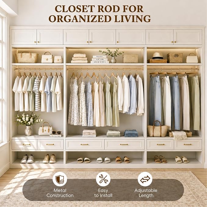 Heavy Duty Closet Rod, 17-28 IN Closet Rods for Hanging Clothes, Gold | Stepless Adjustable, Supports up to 66 lbs, Multiple Size Options, Easy Installation, Multi Purpose , Wall-Mounted