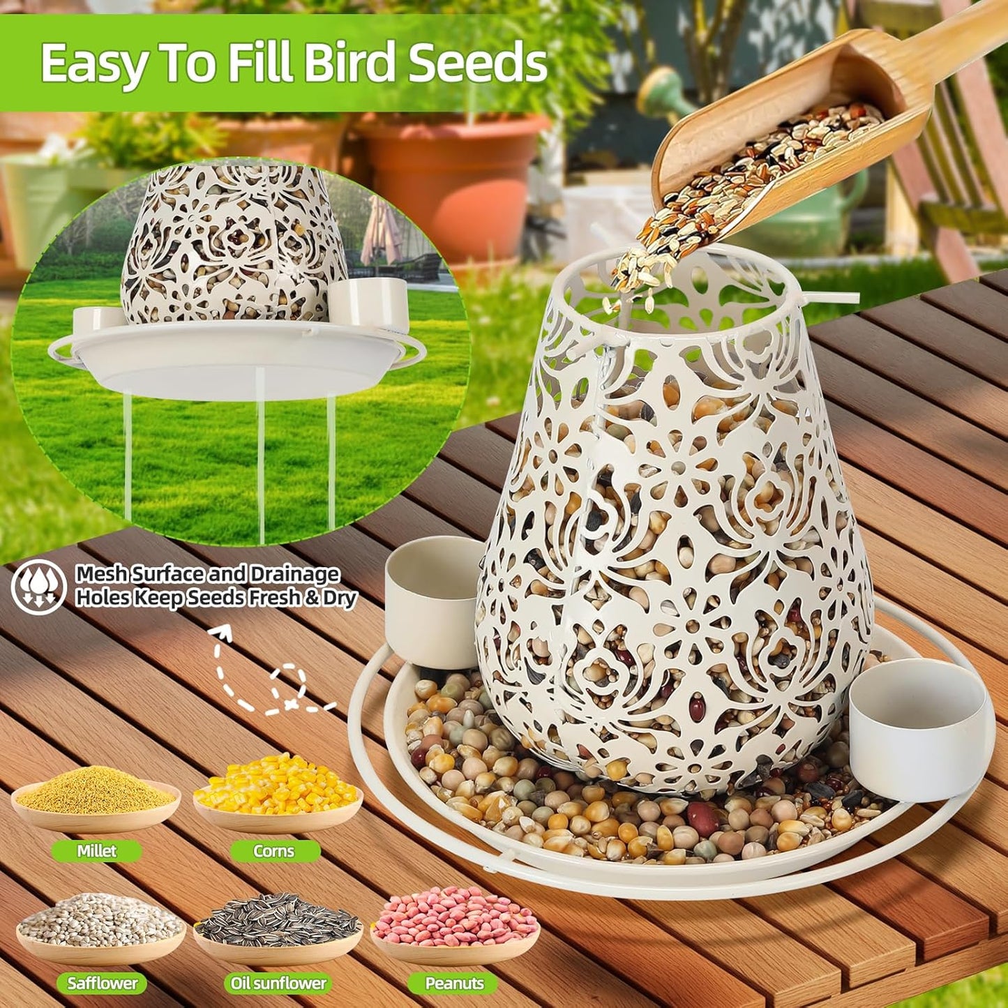 Mushroom Solar Bird Feeders for Outdoors Hanging Metal Wild Bird Feeder Garden Lantern with S Hook for Garden Decoration red