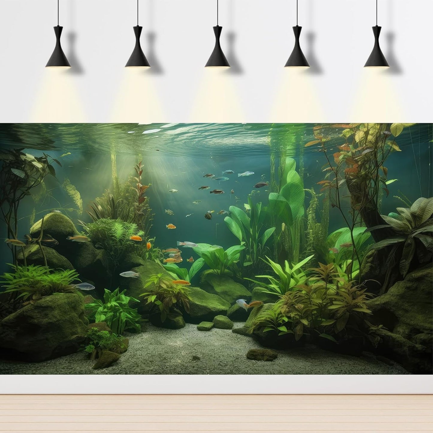 Under The Sea Aquarium Background Underwater Aquatic Plants Fish Tank Background Tropical Fish Rock with Moss Terrarium Background Undersea Green Grass with Sunbeams Terrarium Background 72x24in