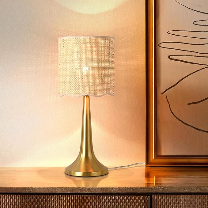 Ziqqeelam Gold Rattan Table Lamp for Bedroom, Brass Cute Wicker Lamps for Bedside Nightstand, Small Table Shape Lamps for Small Spaces for Kitchen Counter, Home Office, Living Room, Kids Dorm