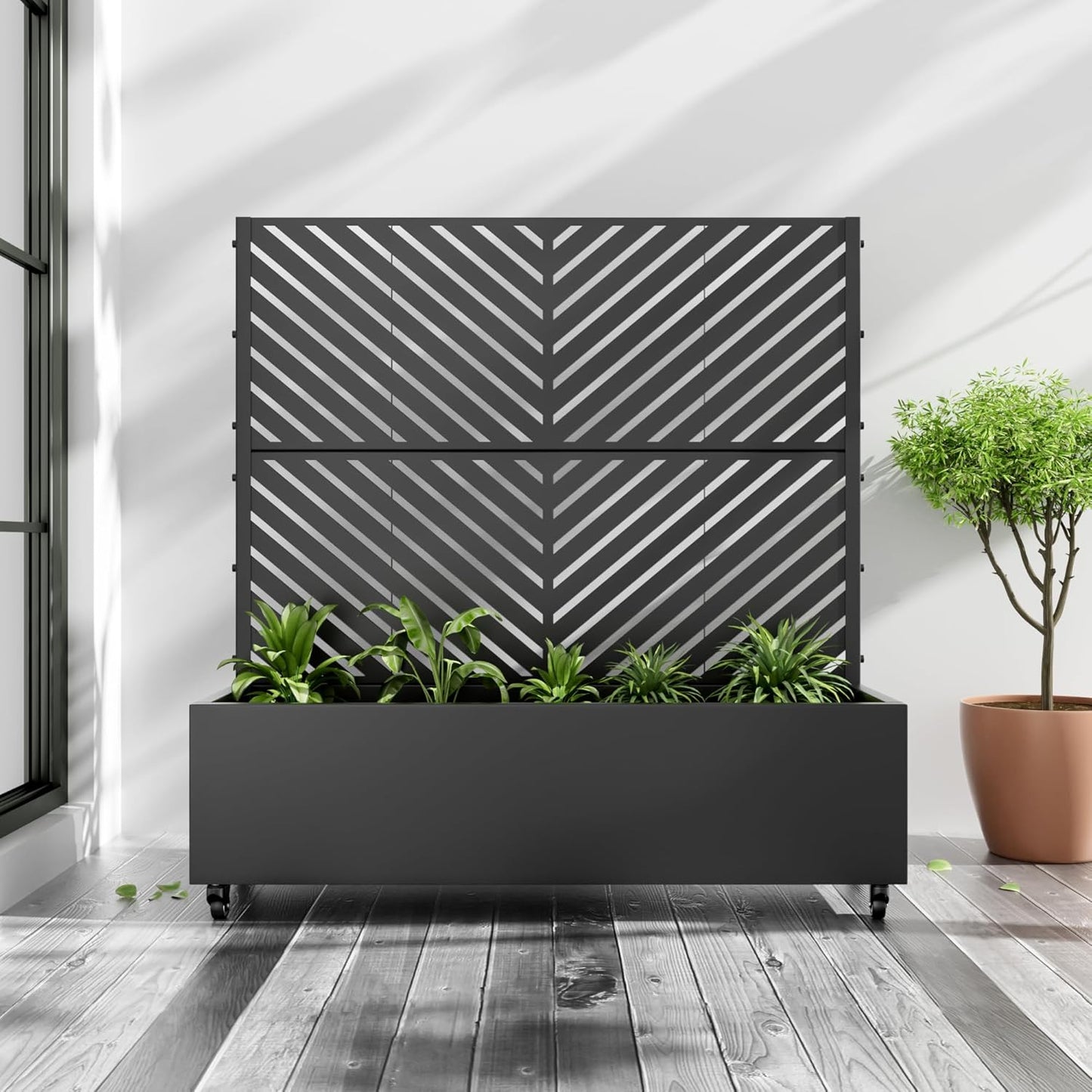 Casaphoria Metal Raised Garden Bed with Trellis and Wheels, 47"x47"x16" Planter Box for Climbing Plants, Vegetables & Vines, Features Drainage Holes and Privacy Screen (Black-Parallel)