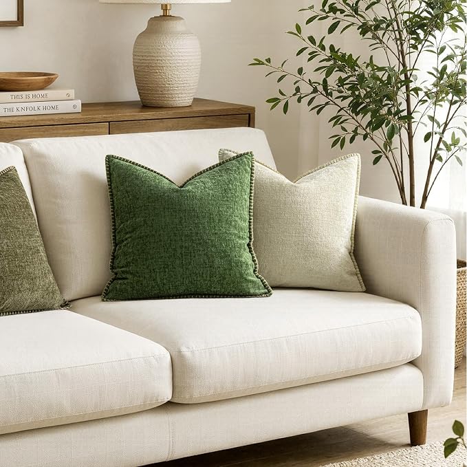 MIULEE Pack of 2 Couch Pillow Covers 18x18 Inch Moss Green Farmhouse Decorative Throw Pillow Covers with Stitched Edge Soft Chenille Solid Dyed Pillow Covers for Sofa Bed Living Room, Forest Green