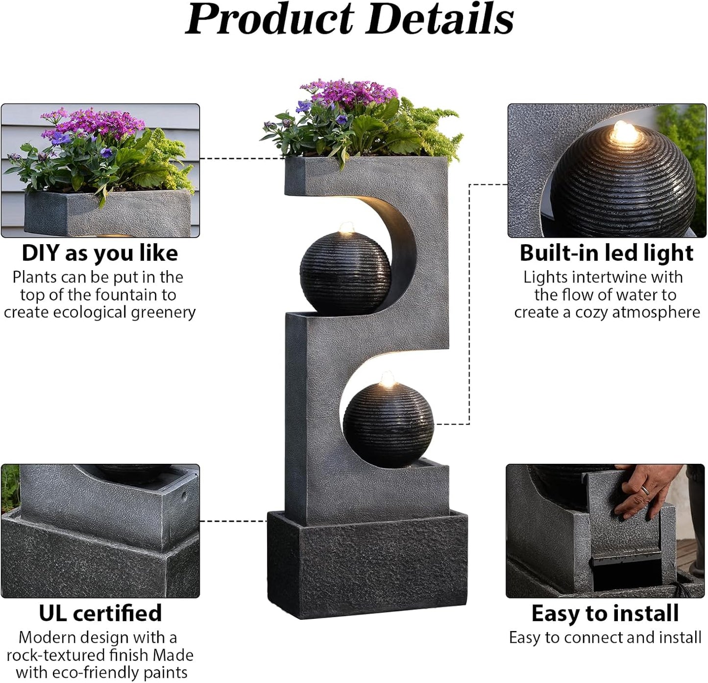 46''H Outdoor Water Fountain with LED Light, Modern Sphere Floor Waterfalls Fountains Indoor for Garden Patio Yard Deck Home Decor Lawn Porch House