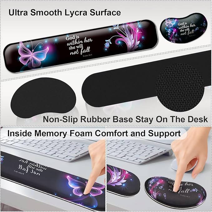 Keyboard Wrist Rest + Mouse Pad with Wrist Support + Desk Mat + Coaster 4 in 1 Set, XXL Large Gaming Mousepad Cute Ergonomic Mouse Pads for Desk Computer Laptop Office Decor-Sunlight Forest