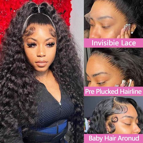 MMFZPHEIR 28Inch Water Wave Lace Front Wigs Human Hair 200 Density 13x6 HD Lace Front Wigs Pre Plucked Glueless Curly Human Hair Wigs For Women Water Wave Frontal Wigs