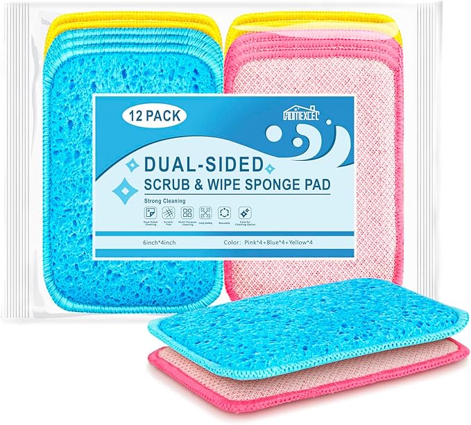 12 Pack Scrub & Wipe Cloths, Dual-Sided Sponges for Kitchen, All-Purpose Cloth for Dishes, Pots, Pans, Non-Stick Cookware, Countertops (Red, Yellow, Blue)