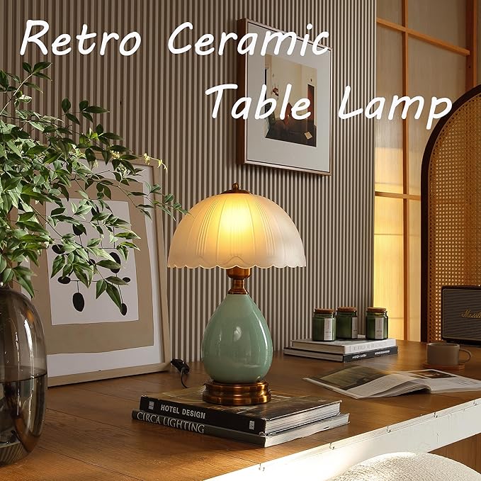Glivpny Vintage Lamp for Living Room,16" Modern Ceramic Table Lamps for Bedroom,Retro Bedside Nightstand Traditional Lamps, Classic Chinoiserie Green Lamp for Home Decor (LD001)