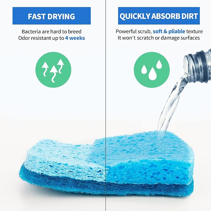 Non-Scratch Cellulose Scrub Sponges 24 Pack, Kitchen Sponge with Double-Side & Ergonomic Design. Sturdy Sponge for Dishes, Coated Cookware, Sink, Countertops.