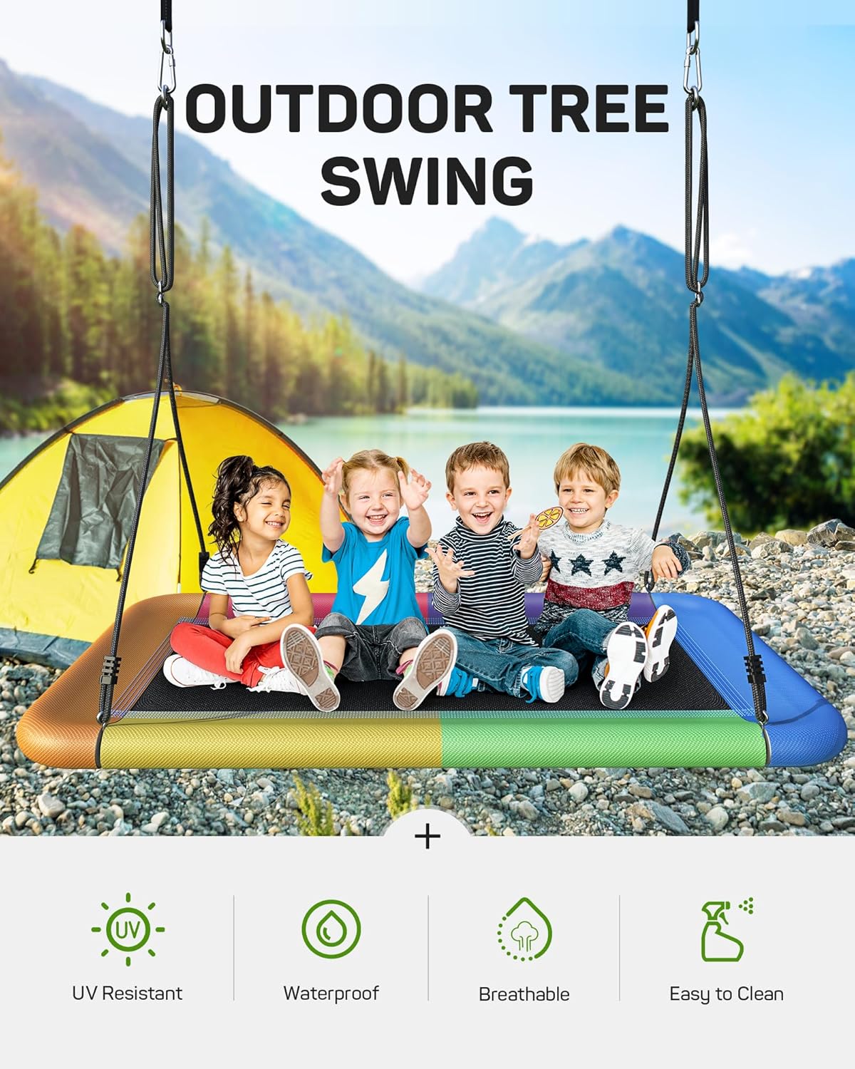 Tree Swing for Kids and Adults, 60" Waterproof Rectangle Platform Swing, 700lbs Heavy Duty with Adjustable Straps, Colorful