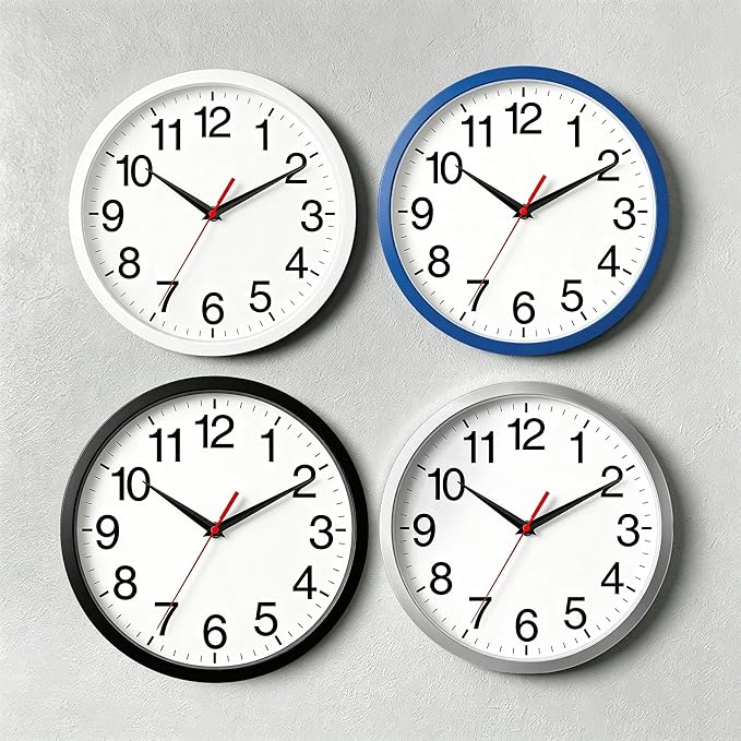 Rohioue 12 Inch Wall Clock Modern Battery Operated Silent Non Ticking Analog Clock Decorative for Bedroom Kitchen Bathroom Office Home Living Room (Silver)