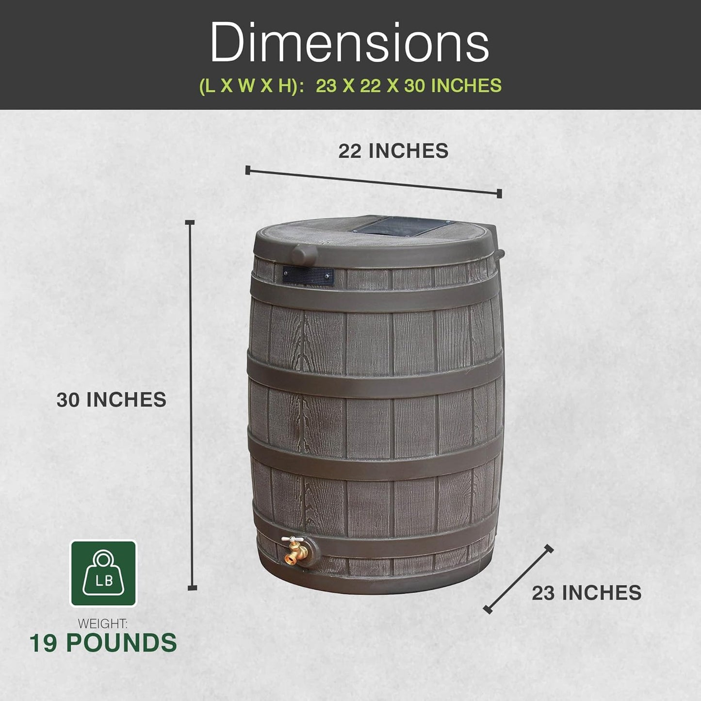 Good Ideas 50 Gallon Large Faux Wood Plastic Rain Water Barrel Collector with Brass Spigot for Rainwater Collection and Storage, Oak, 2 Pack