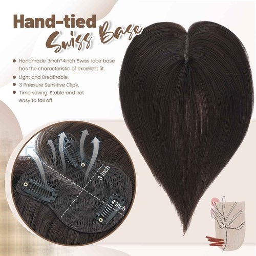 Black and Pretty Human Hair Toppers for Women Real Human Hair Pieces for Women 120% Density Swiss Base Clip In 7 * 10cm Remy Topper 10Inch HairPieces (Dark Brown)