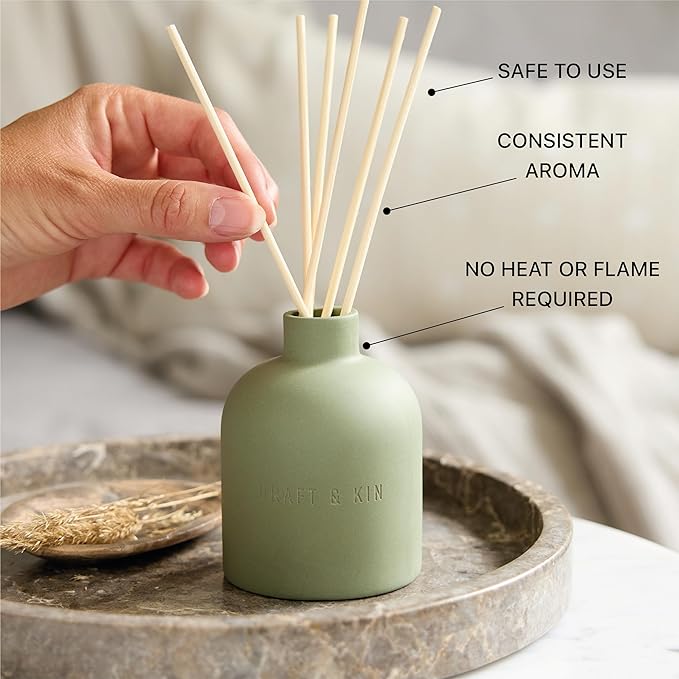 Craft & Kin White Birch & Cedar Reed Diffuser – Earthenware Collection, 6.7 oz – Alcohol-Free Essential Oil Diffuser for Home & Bathroom – Long-Lasting Fragrance Sticks – Ceramic Room Decor
