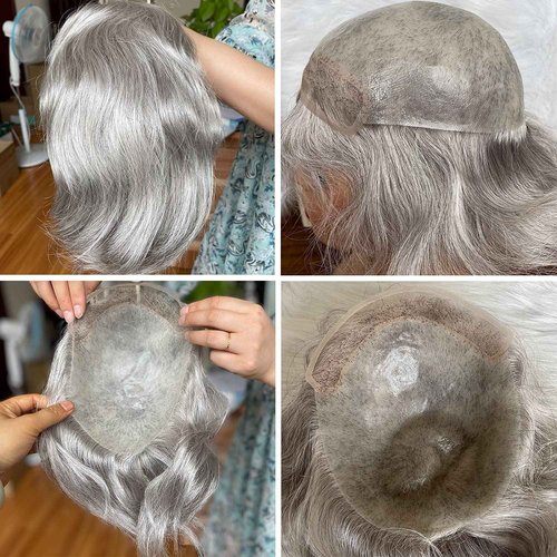 Dreambeauty Human Hair Toupee for Men 10x8 inch, European Human Hair Lace Front Natural Hairline Hair Pieces 0.08mm Thin Skin PU V-looped Men's Hair Replacement System (20% #1B Color Mixed 80% Grey Synthetic Hair)