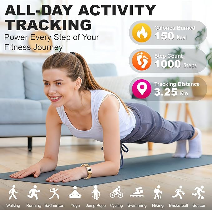 Smart Bracelet for Women Men, Activity & Fitness Trackers/SpO2/Heart Rate/Sleep Stress/1ATM Waterproof,Automatic Monitoring Wearable Fitness Tracker with Free App,2 Bands (Golden)